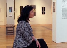 Elaine in her retrospective exhibition Journeying to Light 2019 Gallery of the Royal Albert Museum, Exeter, England 