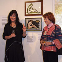 
EMG and Vanessa Somers Vreeland in front of Vanessa's ' Girl with a Golden Chalice'. Dorset County Museum, Private View
