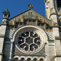 
Mosaic façade of the church of St Etienne (St Stephen), Briare, 1895.. Gallery of the Musée d'Emaux et de Mosaïque, Briare, France
